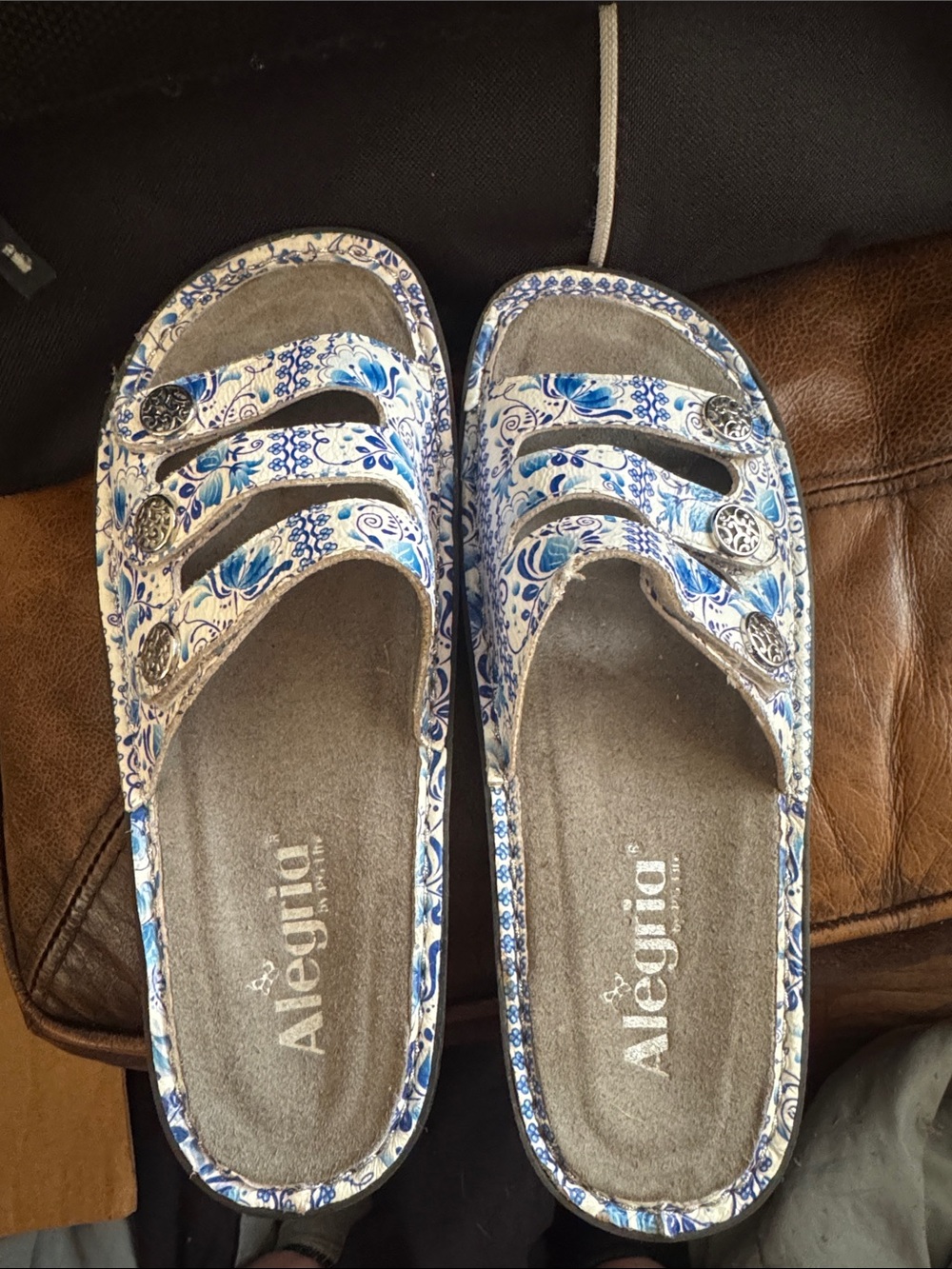 Alegria White and Blue Floral Triple-Strap Slide Clogs